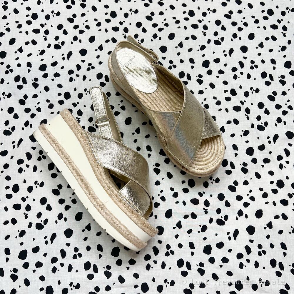 Marc Fisher | Gandy Gold Leather Platform Espadrille Sandals Womens Size 9